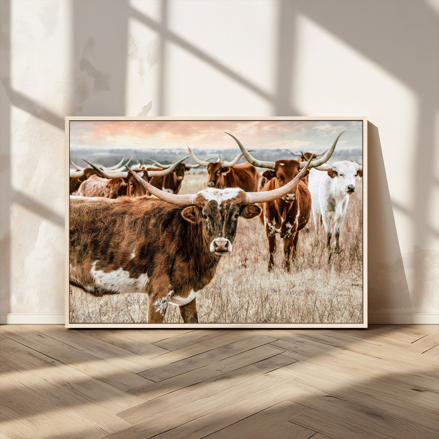 47758300-MGV-FC-36X24_Natural-Texas Longhorn Cattle Wall Art Canvas Print – Rustic Western Ranch Scene with Steers Sunset for Home, Office