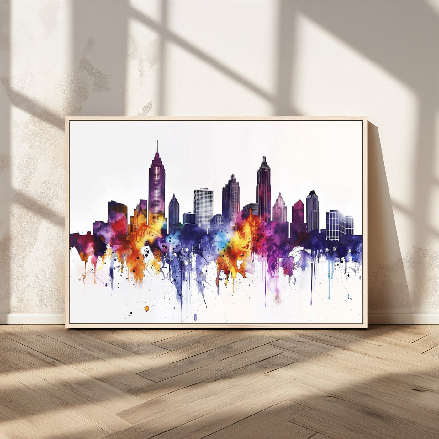 34479880-MGV-FC-36X24_Natural-Atlanta Skyline Wall Art Canvas Print – Framed Colorful Watercolor Cityscape Artwork for Home, Office, Living Room