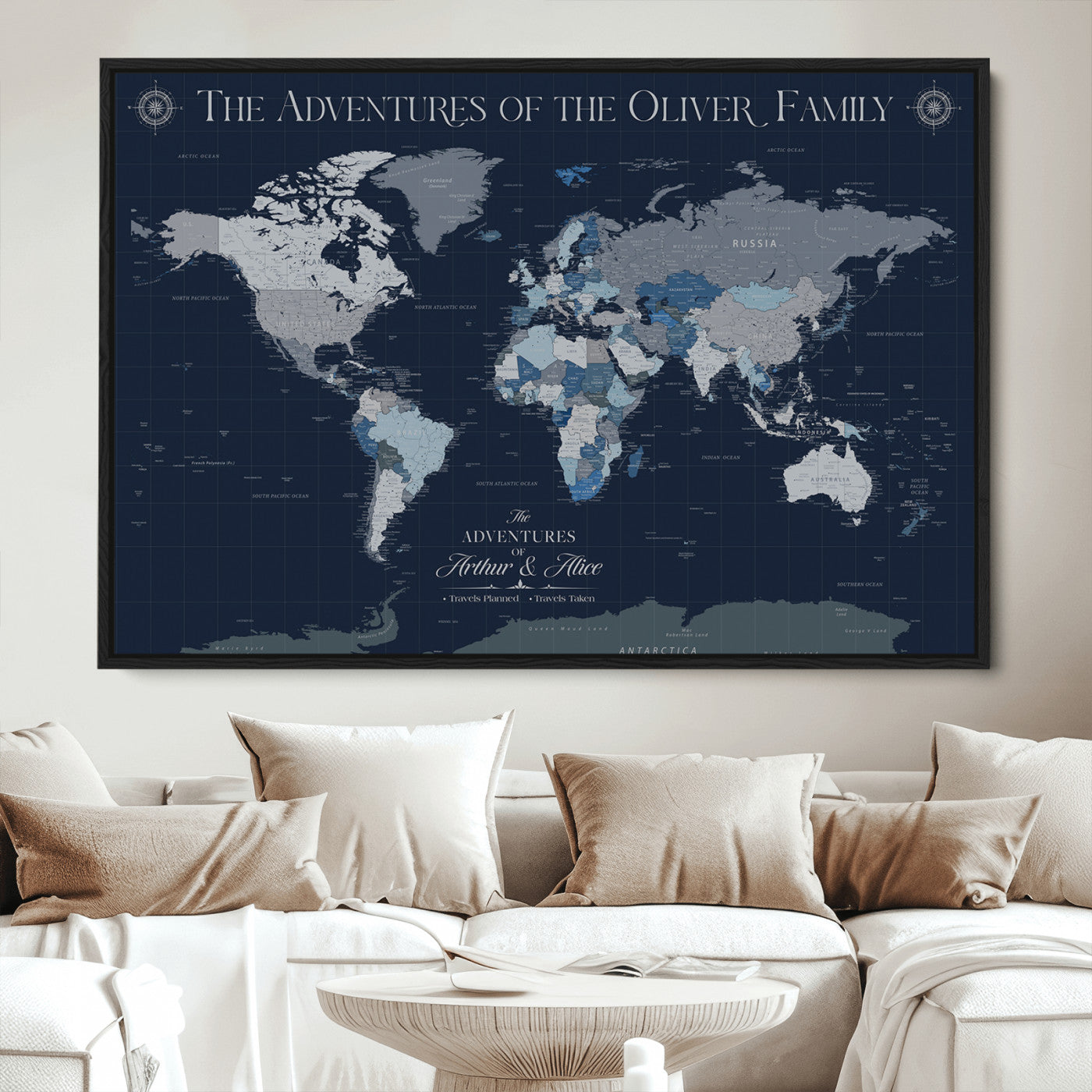 -Personalized Family Adventure World Map – Custom Framed Push Pin Travel Tracker Canvas, Elegant Wall Art for Home, Office