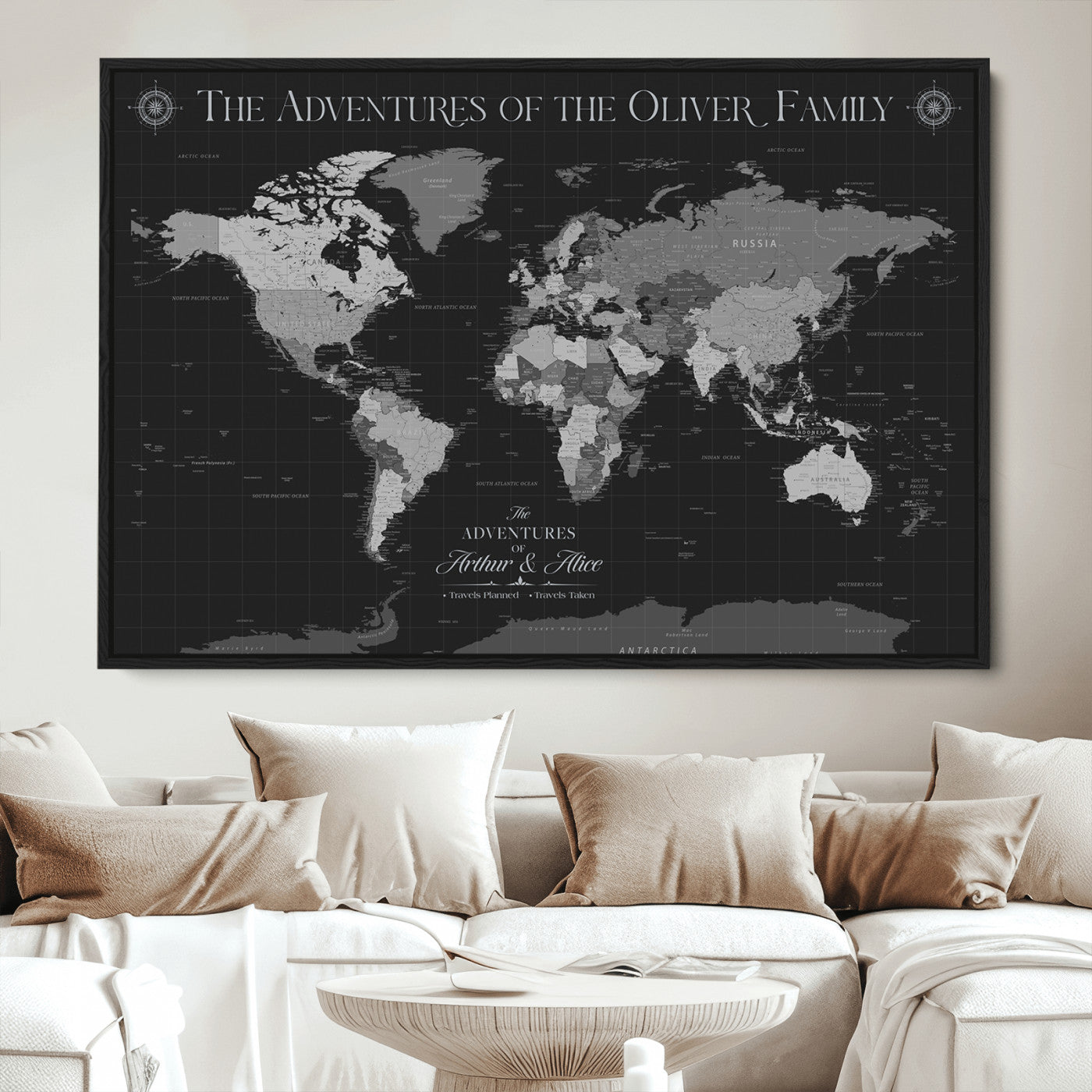 -Personalized Family World Map Canvas – Custom Framed Push Pin Travel Tracker, Modern Adventure Wall Art for Home, Office