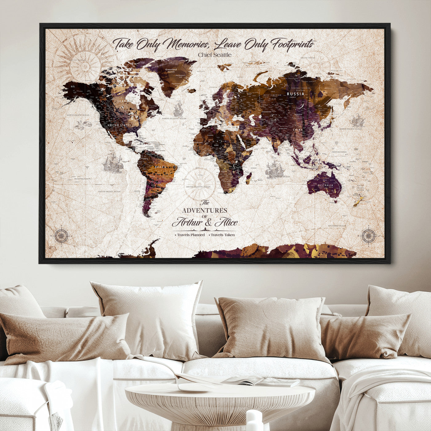-Personalized World Map Canvas – Custom Framed Push Pin Travel Tracker, Elegant Wall Art Gift for Couples for Home, Office