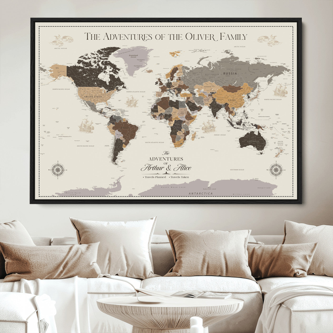 -Personalized Family Adventure World Map Canvas – Custom Framed Push Pin Travel Tracker, Wall Art Gift for Home, Office