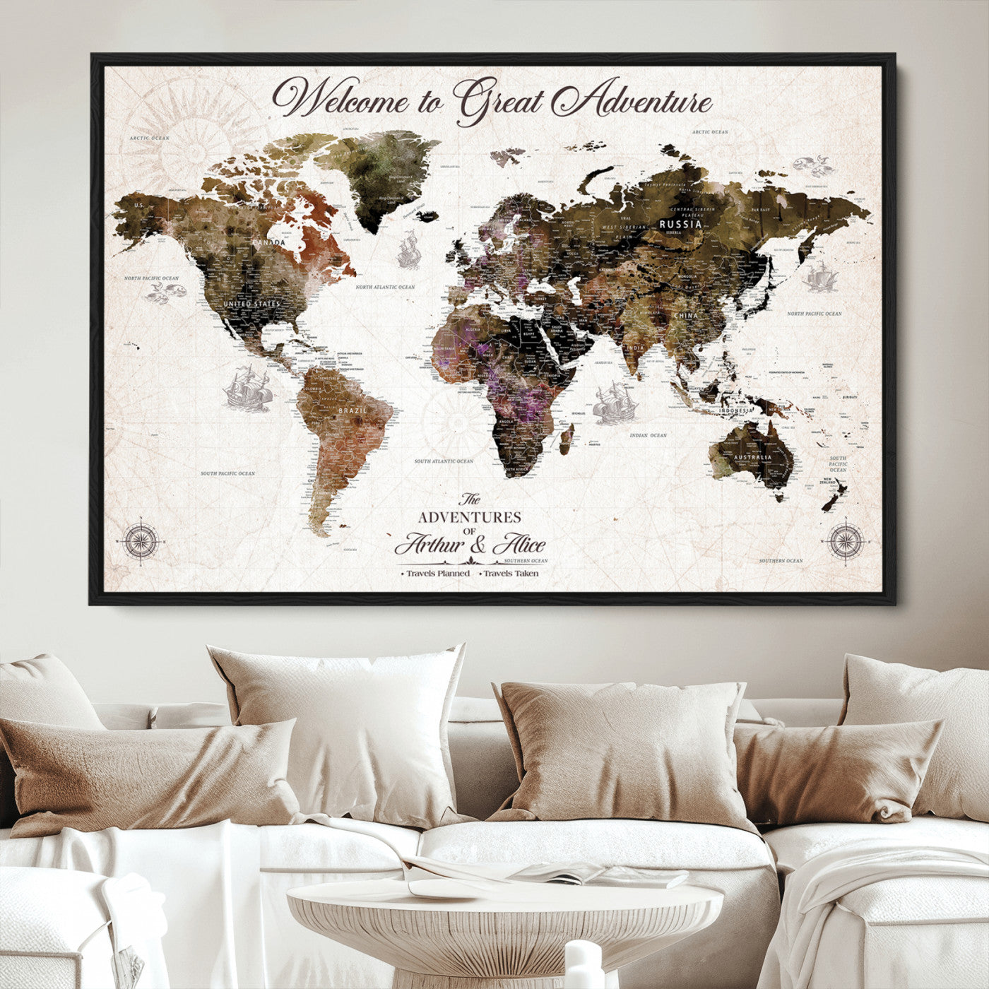 -Personalized World Map Canvas Custom Framed Push Pin Travel Tracker Vintage Adventure Wall Art Gift Couples Travelers Home, Office