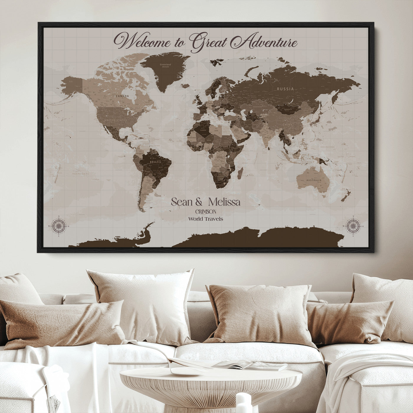 -Personalized World Map Canvas Custom Framed Push Pin Travel Tracker Modern Minimalist Wall Art Gift Couples for Home, Office