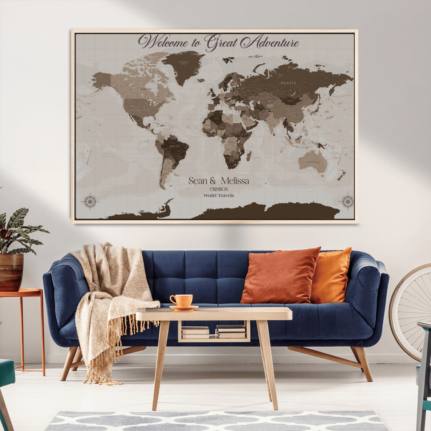 Rehber01-MGV-CV-36X24-Custom Push Pin World Map Wall Art Canvas Print – Personalized Travel Tracker with Pins Framed Large for home, office