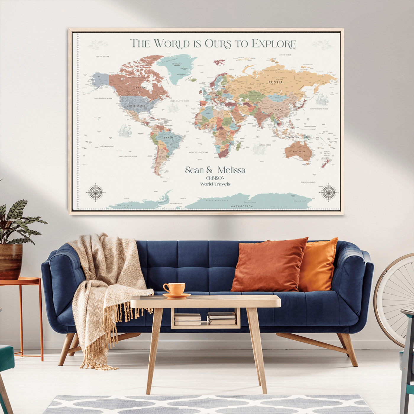 Rehber01-MGV-CV-36X24-Custom Push Pin World Map Wall Art Canvas Print – Personalized Travel Tracker with Pins Framed Large for home, office