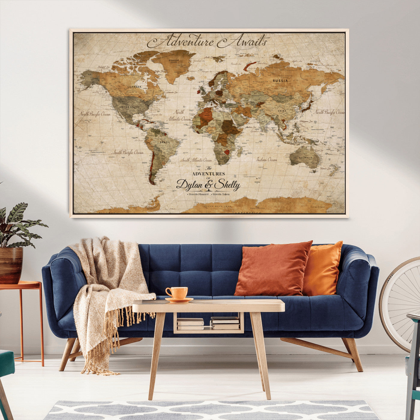 -Personalized Push Pin World Map Canvas Print – Custom Adventure Travel Map, Framed Wall Art Gift for Couples or Family