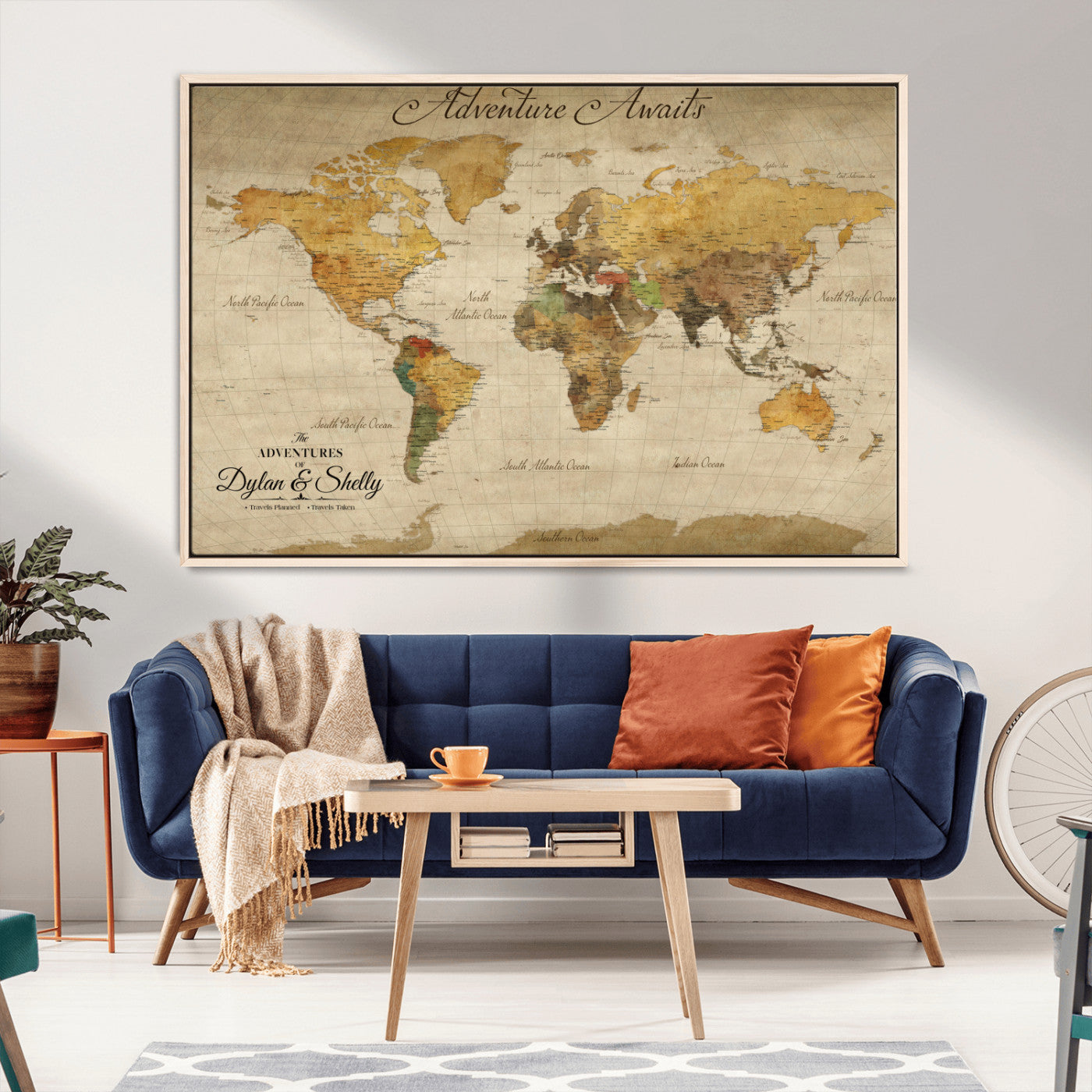 50298017-MGV-CV-36X24-Personalized World Map Canvas – Custom Framed Push Pin Travel Map Wall Art, Vintage Style Gift for Couples and Travelers