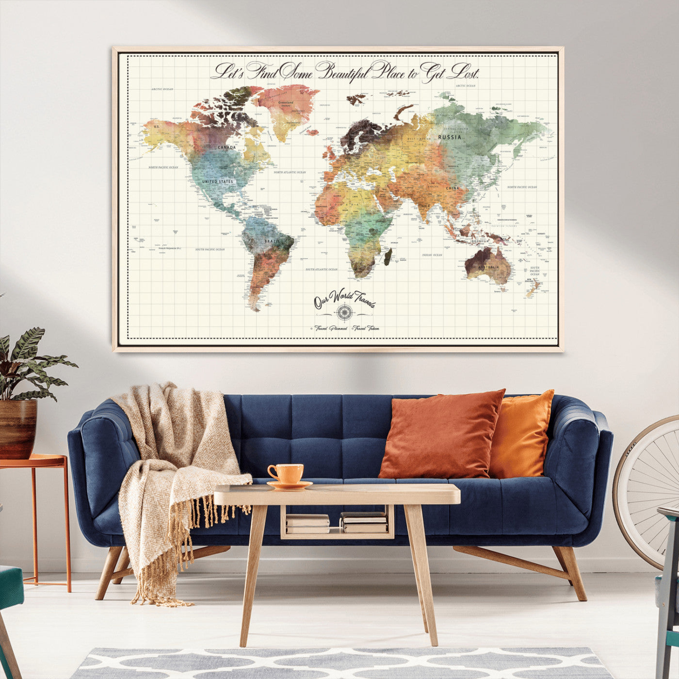 -Personalized Push Pin World Map Canvas Print – Custom Adventure Travel Tracker Map, Framed Wall Art Gift for Couples or Family