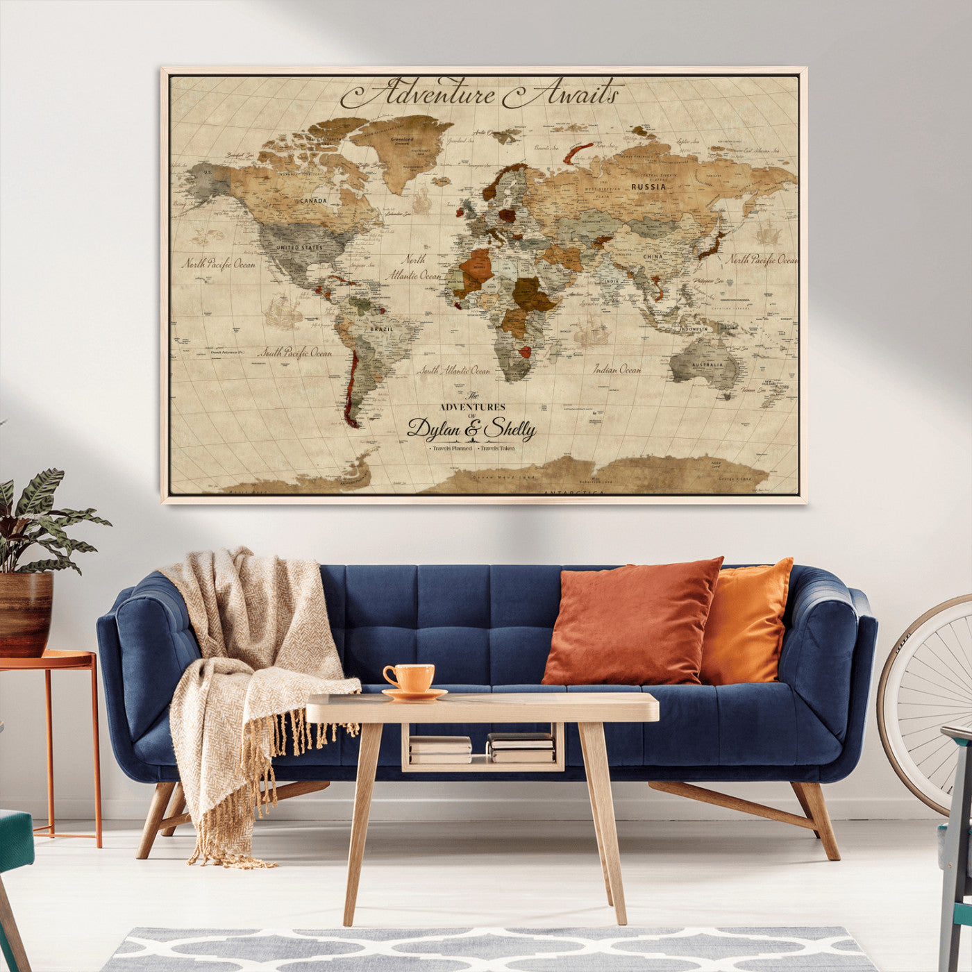 Rehber01-MGV-CV-36X24-Personalized World Map Canvas – Custom Framed Push Pin Travel Map Wall Art with Names, Vintage Style Gift for Couples