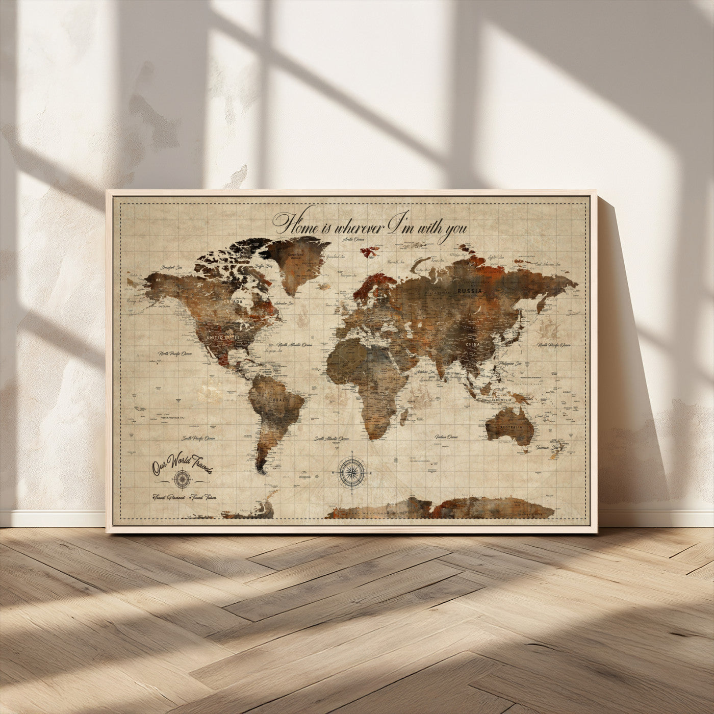 Rehber01-MGV-CV-36X24-Personalized World Map Print, Customizable Push Pin Framed World Map Print on Canvas - Custom Quote