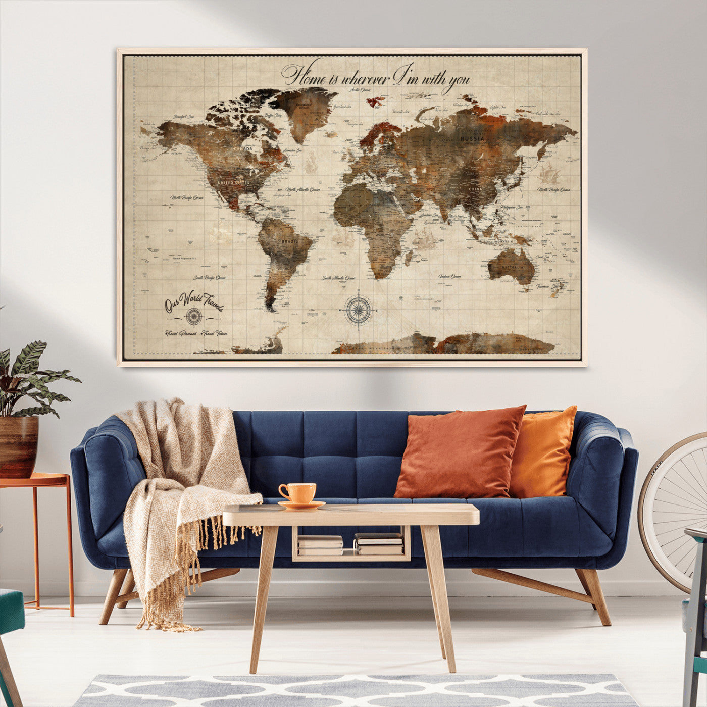 Rehber01-MGV-CV-36X24-Personalized World Map Canvas Wall Art – Custom Framed Push Pin Travel Tracker Print, Unique Gift for Home or Office Decor