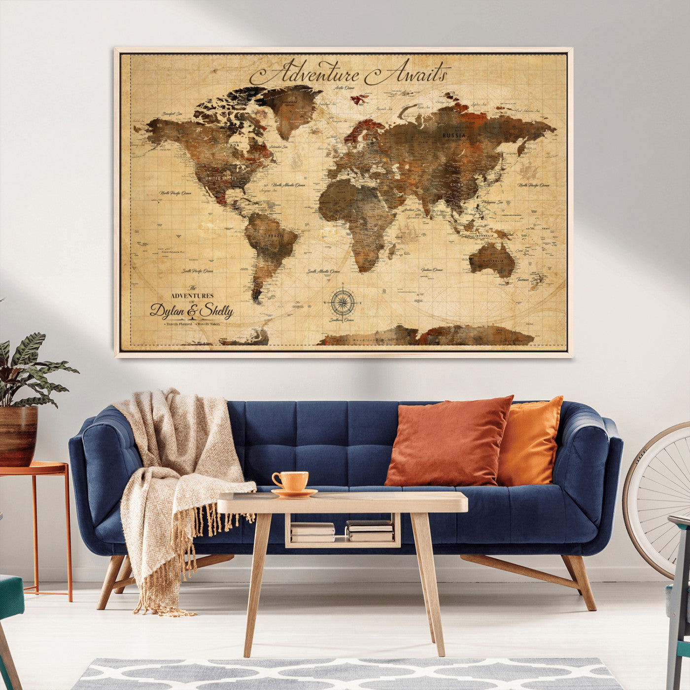 Rehber01-MGV-CV-36X24-Personalized World Map Canvas Wall Art – Custom Framed Push Pin Travel Tracker Print, Unique Gift for Home or Office Decor