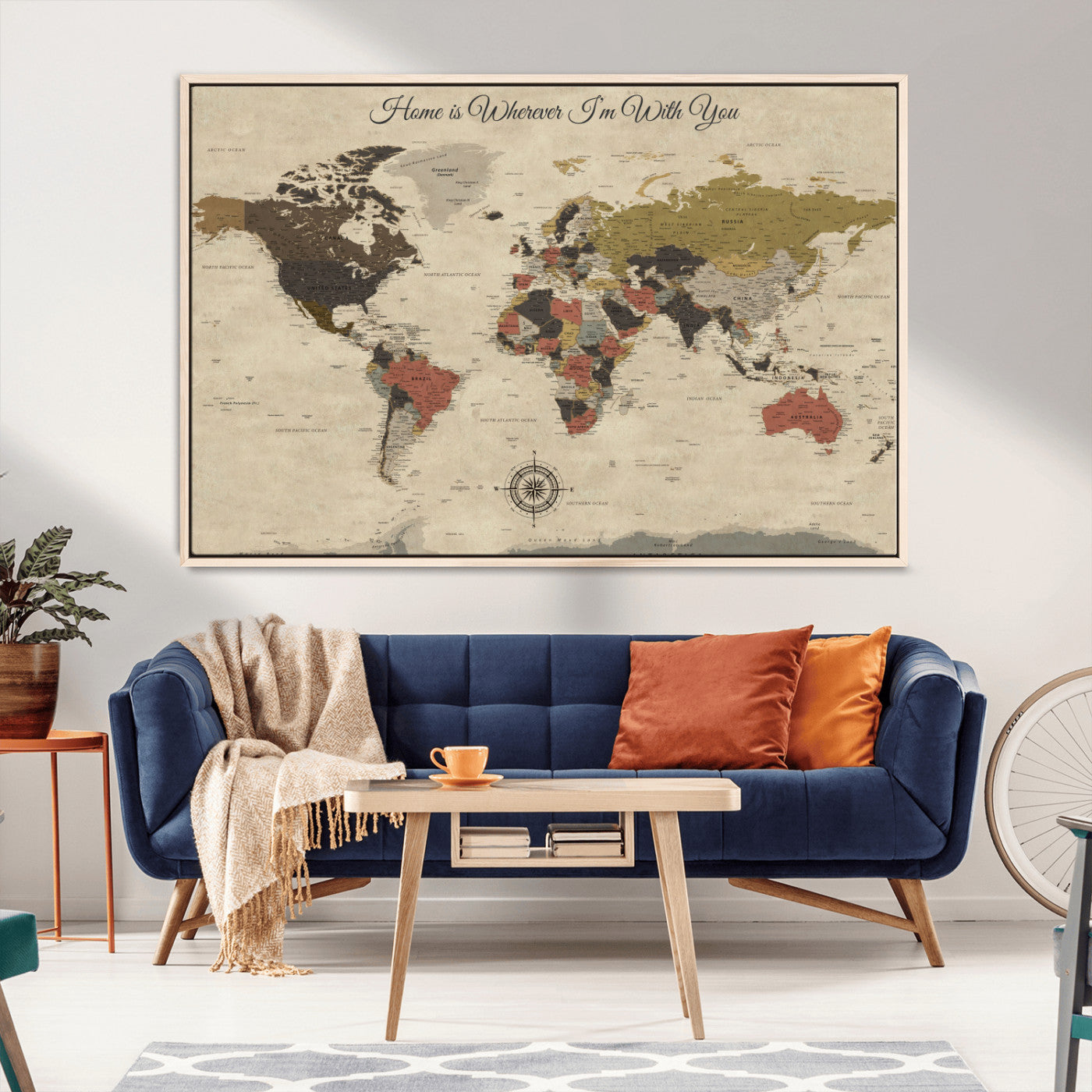 -Personalized World Map Wall Art Canvas Print – Customizable Push Pin Framed Travel Map Artwork for Home Office