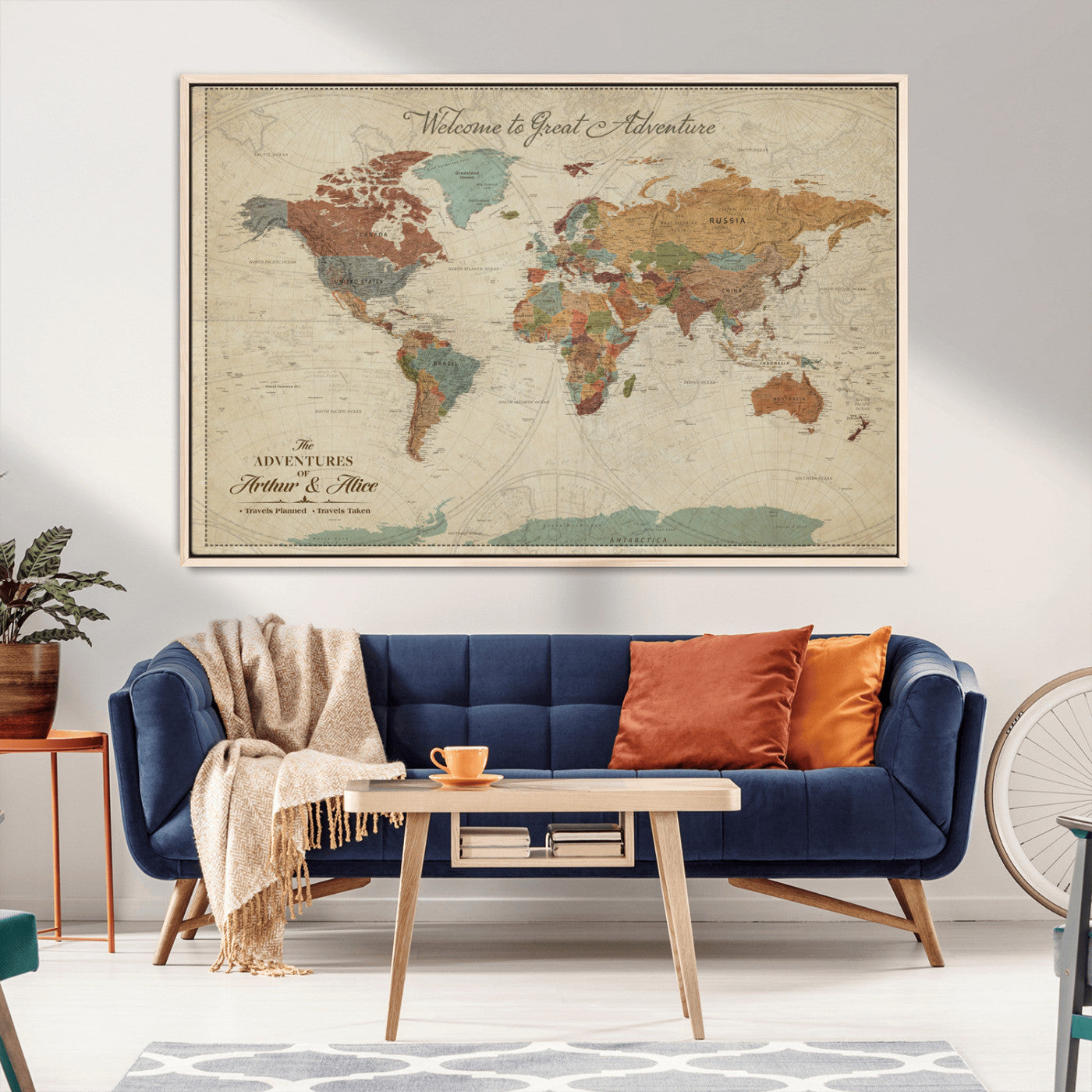 -Personalized World Map Canvas Wall Art – Custom Framed Push Pin Travel Tracker Print, Unique Gift for Home or Office Decor
