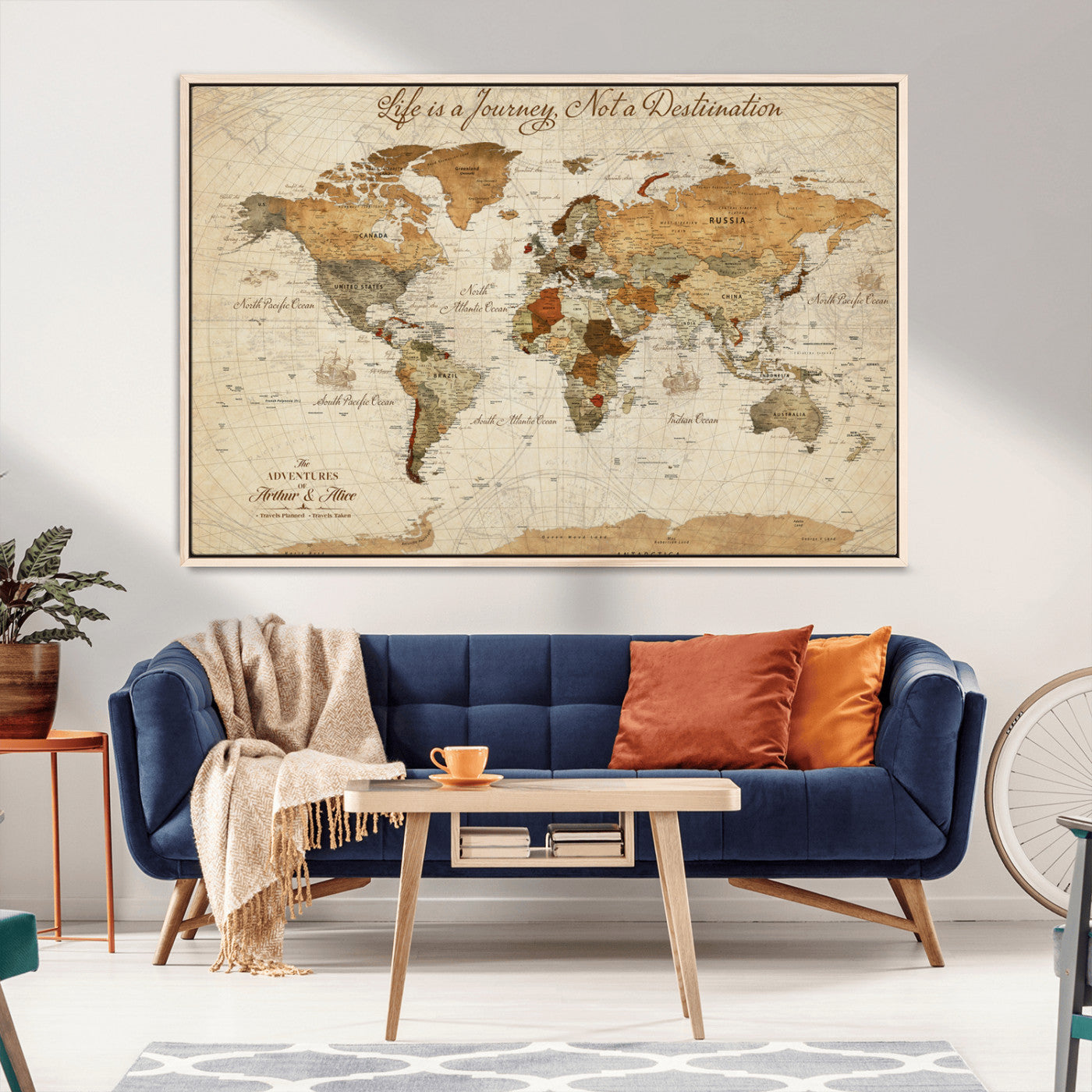 Rehber01-MGV-CV-36X24-Personalized Framed World Map Wall Art Canvas Print – Custom Push Pin Travel Tracker Handcrafted USA for Home Office