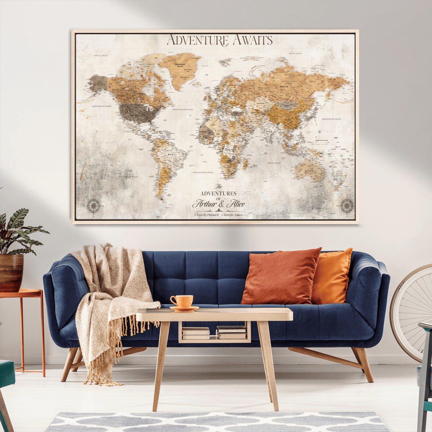 Rehber01-MGV-CV-36X24-Personalized World Map Canvas Print – Custom Push Pin Travel Map Vintage Neutral Style Gift for Couples Travelers for Home Office