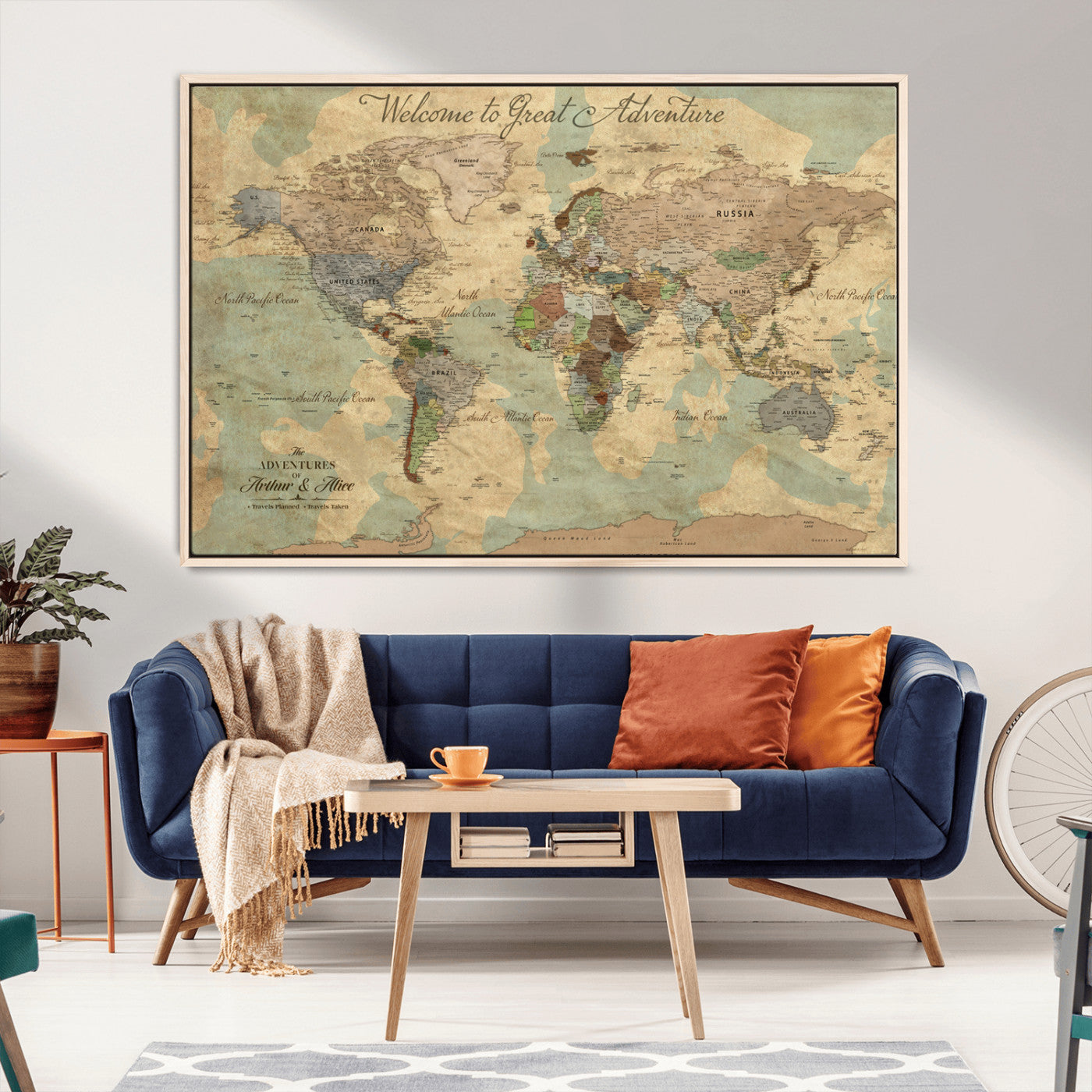 Rehber01-MGV-CV-36X24-Personalized World Map Canvas Wall Art – Custom Framed Push Pin Travel Tracker Print, Unique Gift for Home or Office Decor