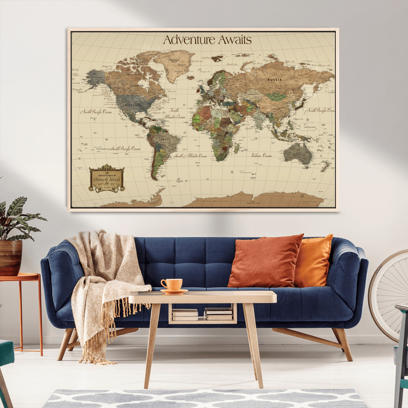 Rehber01-MGV-CV-36X24-Custom Push Pin World Map Wall Art Canvas Print – Personalized Travel Tracker Adventure Destination Gift for Home Office
