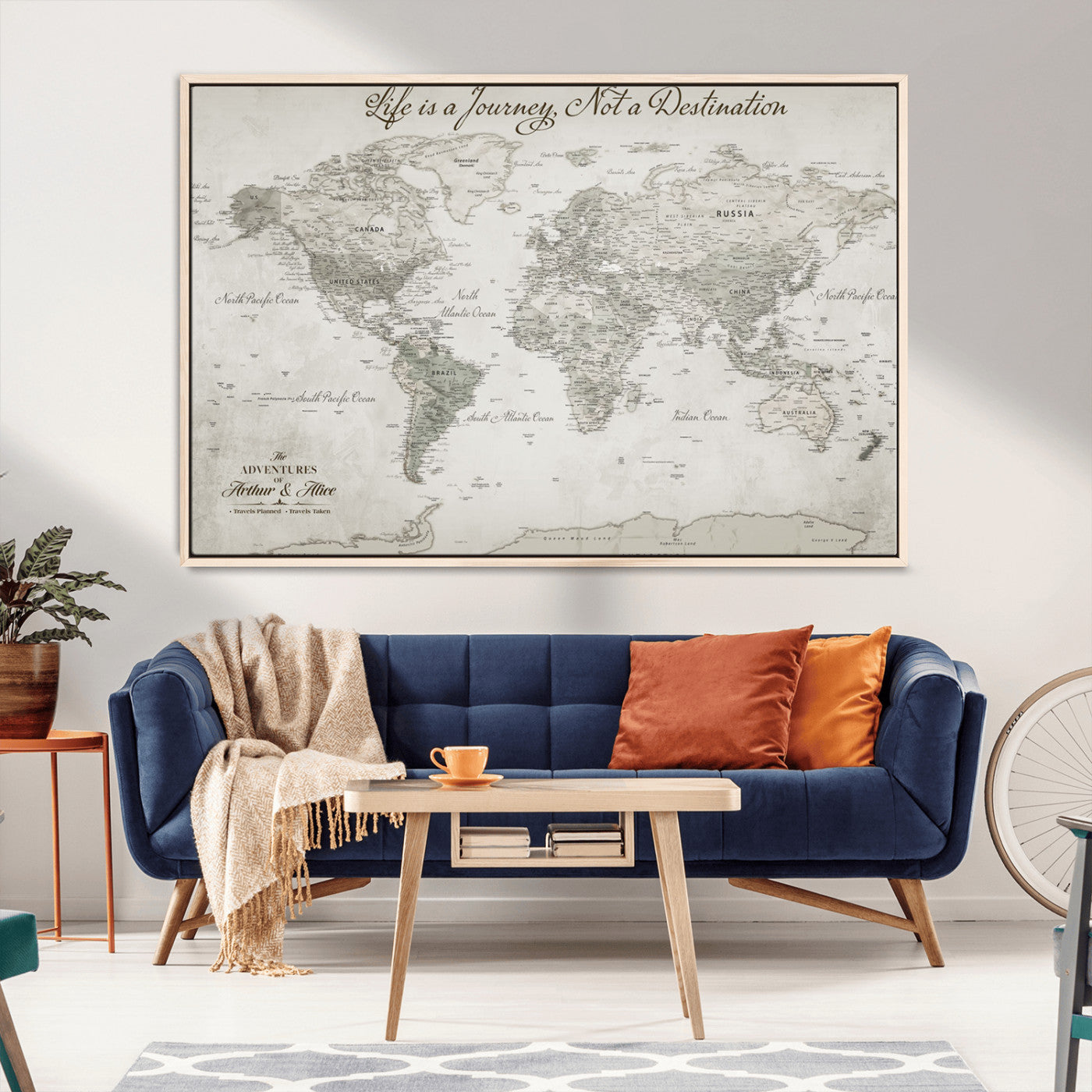 11398637-MGV-CV-36X24-Personalized Vintage World Map Canvas Print – Framed Push Pin Travel Tracker Neutral Elegant Artwork for Home, Office