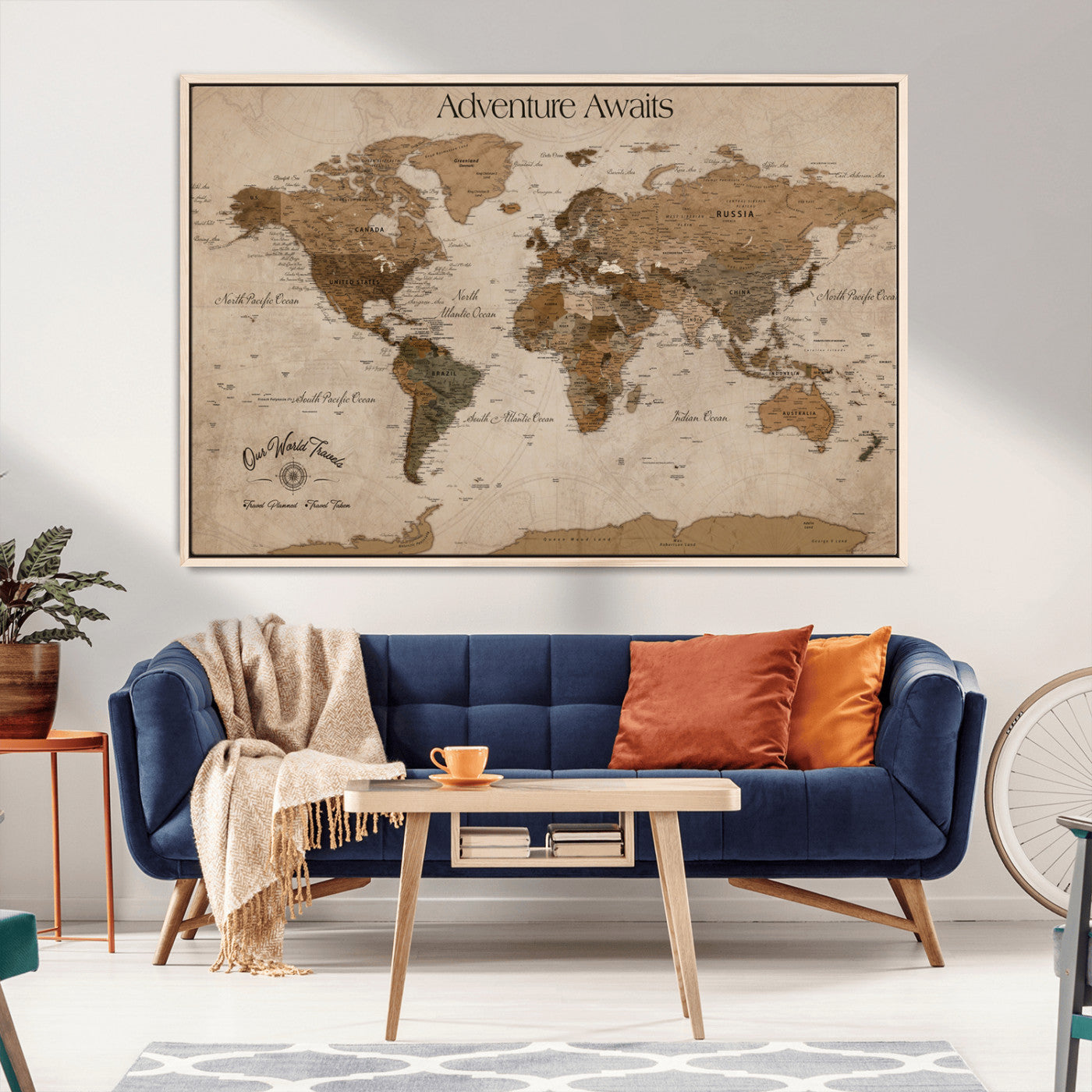 -Personalized Push Pin World Map Canvas Print – Custom Framed Travel Tracker Large Adventure Map Artwork for Home Office