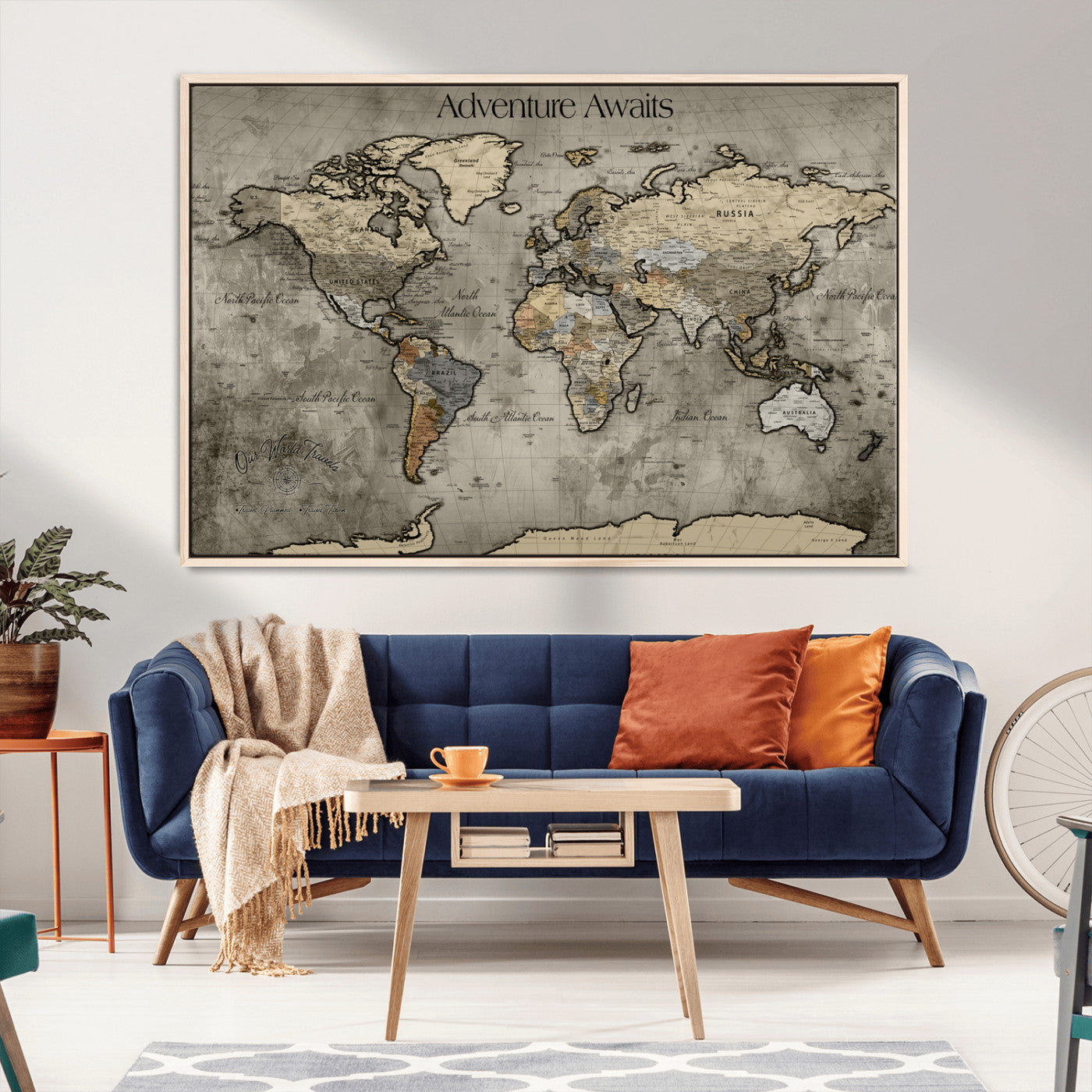 -Tree Rings Wall Art Canvas Print, Framed Wood Texture Art Picture Print, Blue Grain Perfect Rustic