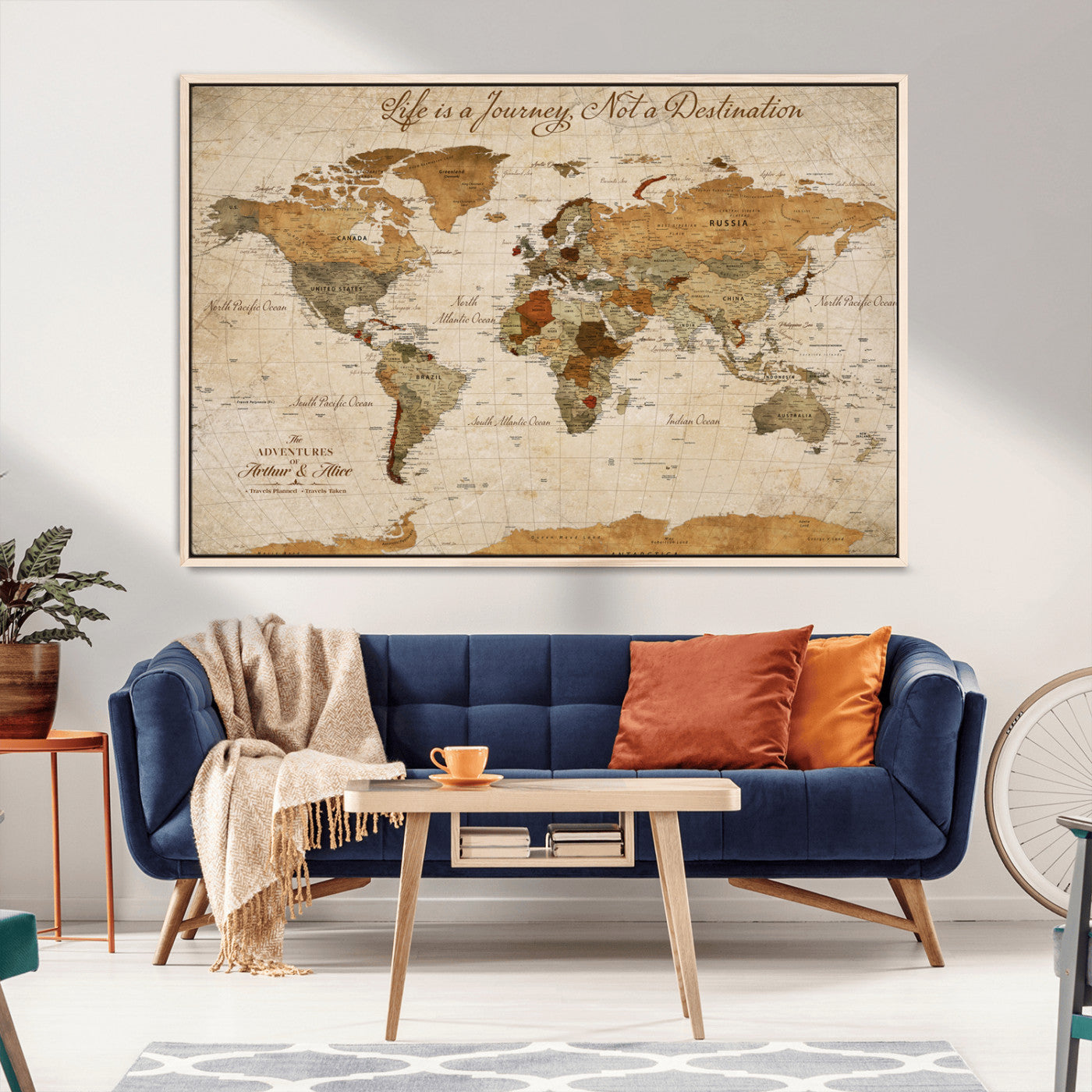 Rehber01-MGV-CV-36X24-Personalized Vintage World Map Canvas – Custom Framed Push Pin Travel Map Wall Art, Rustic Gift for Couples and Travel Lovers