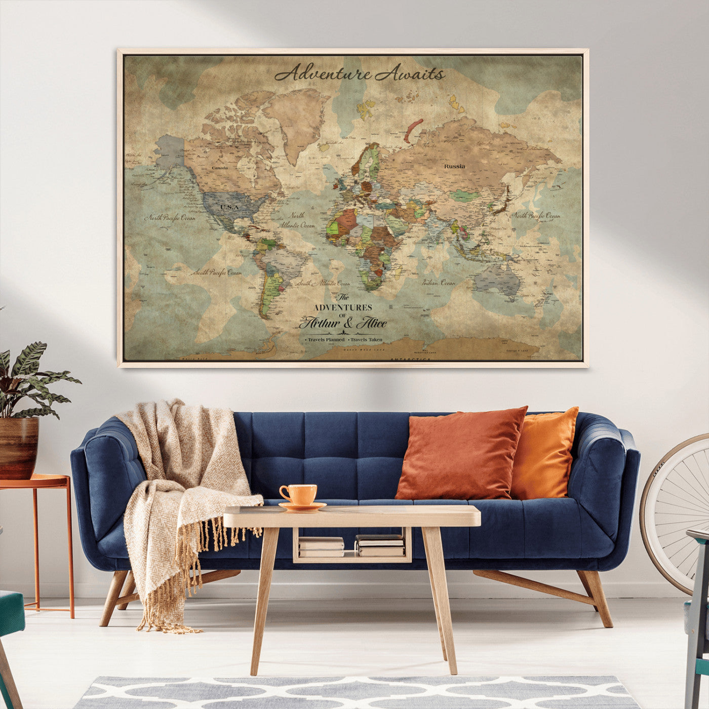 Rehber01-MGV-CV-36X24-Personalized Vintage World Map Canvas Print – Custom Push Pin Travel Map Antique Style Gift for Couples Travelers for Home Office