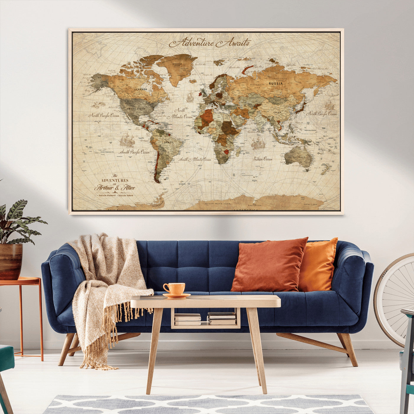Rehber01-MGV-CV-36X24-Customizable Framed World Map Canvas Print – Personalized Push Pin Travel Map Gift for Couples Explorers for Home, Office