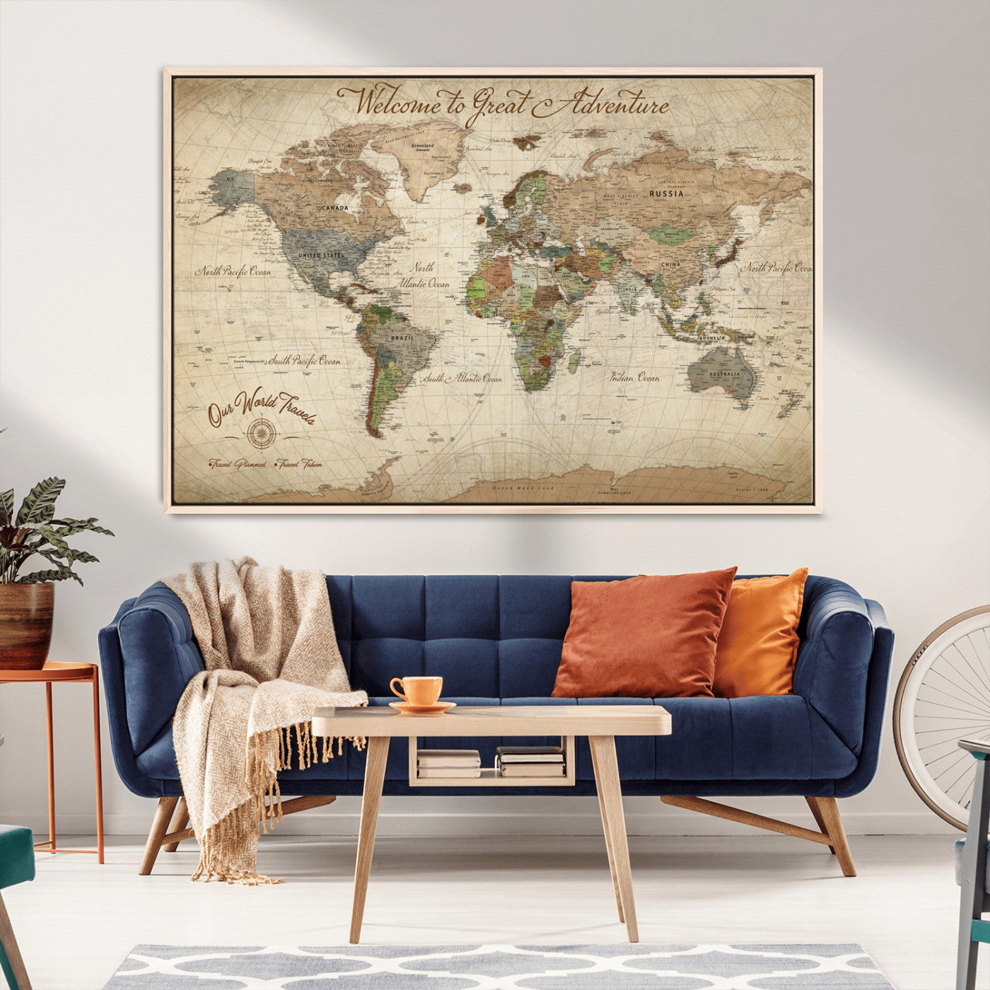 -Personalized Antique World Map Canvas Print – Custom Push Pin Travel Tracker Vintage Adventure Gift for Couples for Home, Office