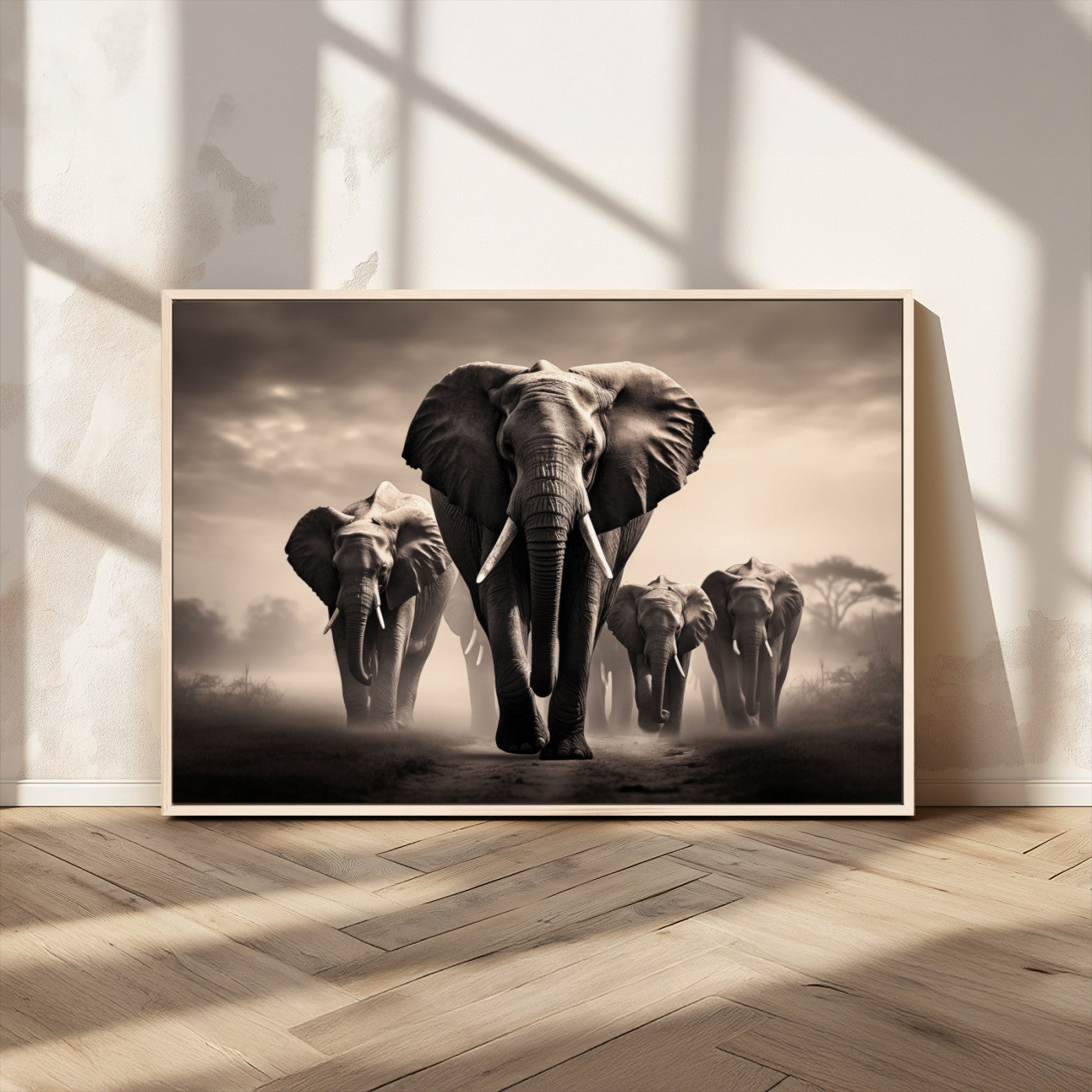 48598F10-MGV-FC-36X24_Natural-Elephant Family Wall Art Canvas Print, Framed Elephant Wall Art Home Decor