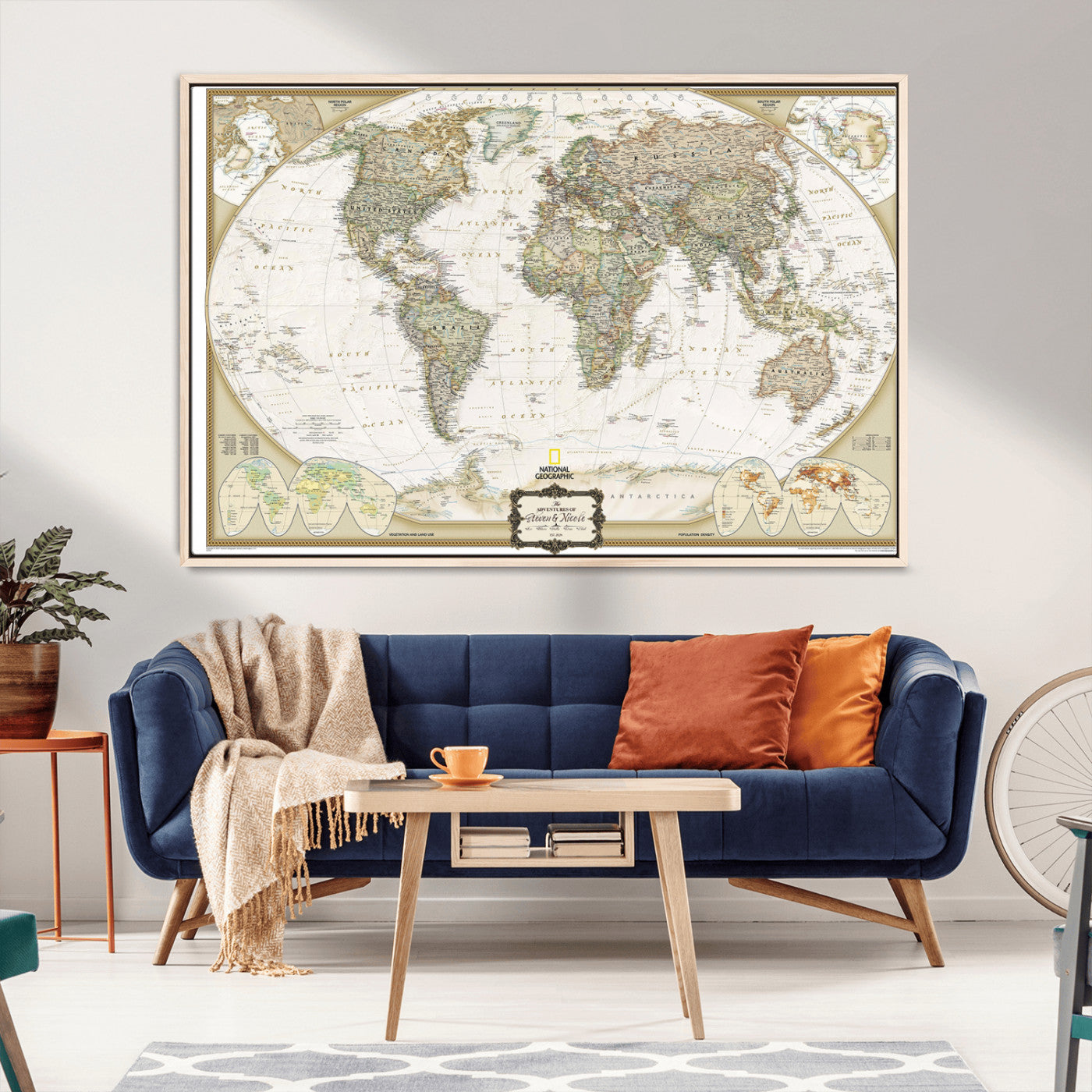 -World Map Wall Art Canvas – National Geographic Style Framed Map Print, Elegant Educational Wall Decor for Home, Office
