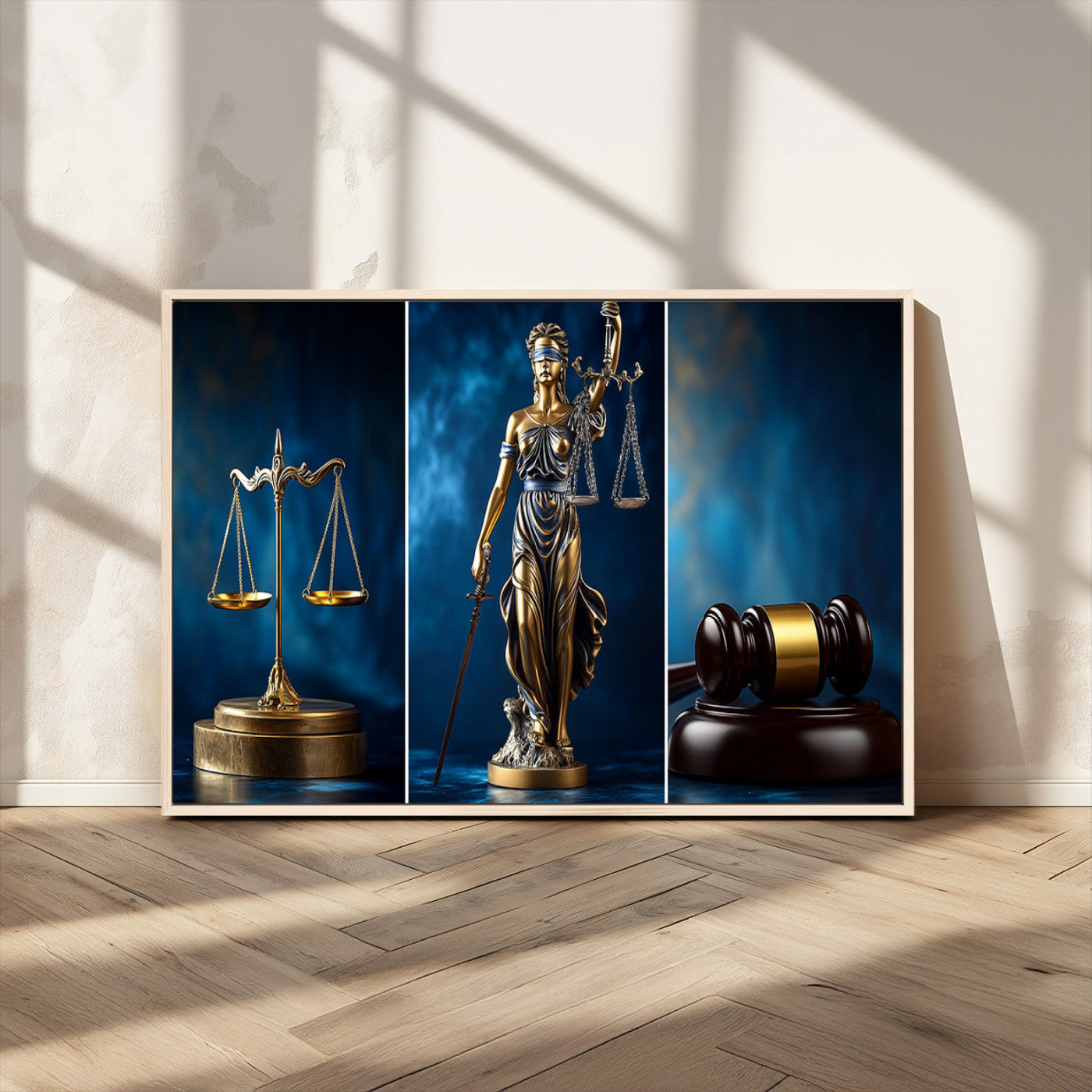 87750525-MGV-CV-36X24-Justice Scales Statue Wall Art, Lady Justice Sculpture Canvas Print, Legal Law Decor, Courtroom