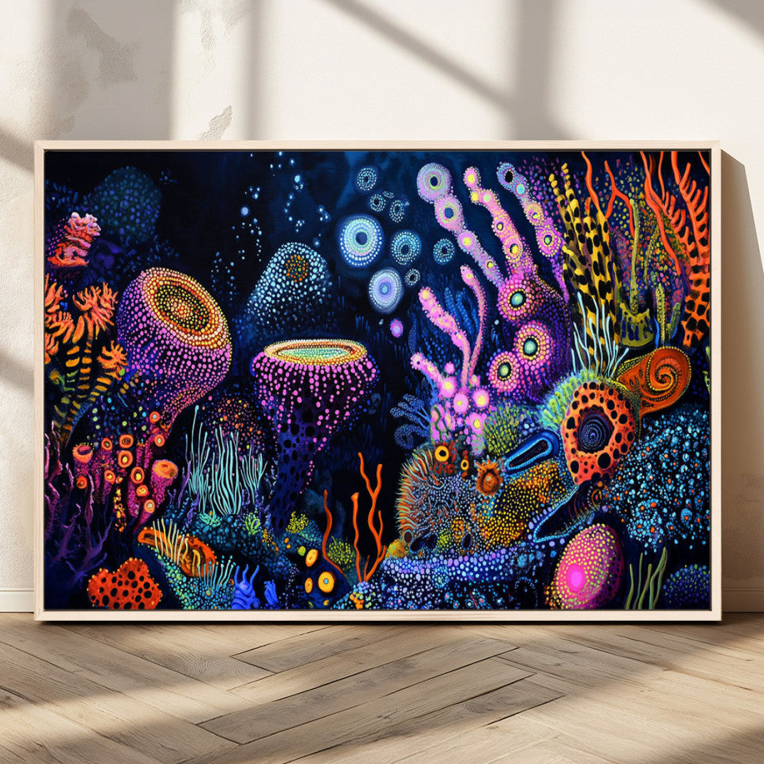 Vibrant and colorful abstract underwater coral reef artwork with diverse shapes and glowing patterns – Wall Art Canvas Print.