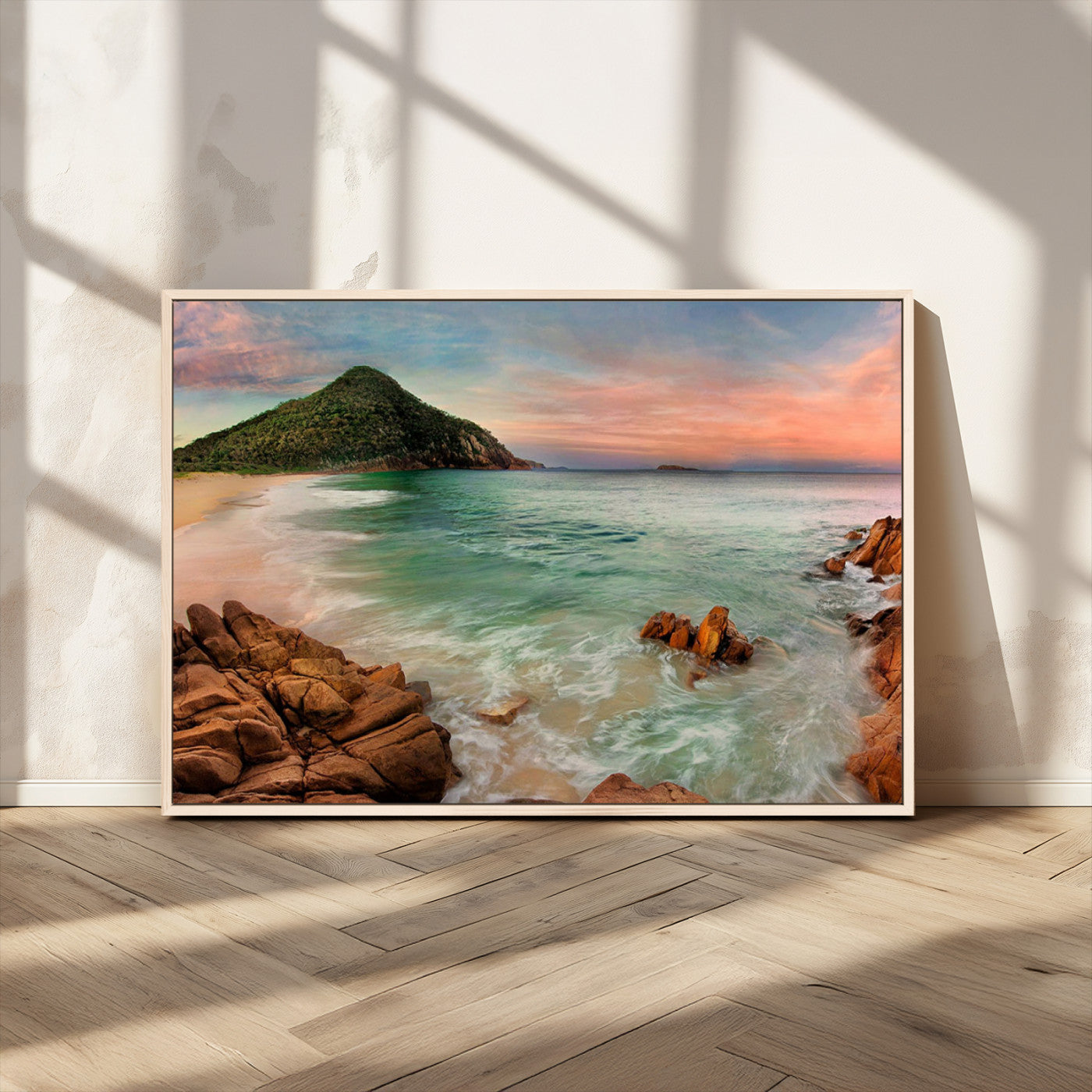 53831025-MGV-CV-36X24-Stunning Coastal Landscape with Rocky Shore and Green Hills at Sunset – Beautiful Ocean View Wall Art Canvas Print for Serene Home Decor.