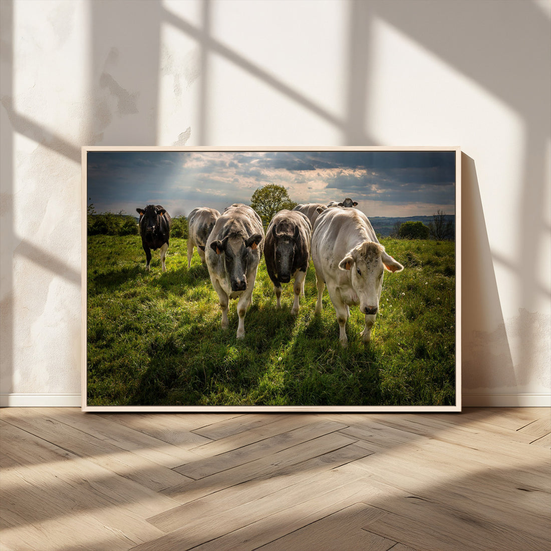 Grazing Cattle Herd Wall Art, Green Pasture Livestock Canvas Print, Rural Farm Decor