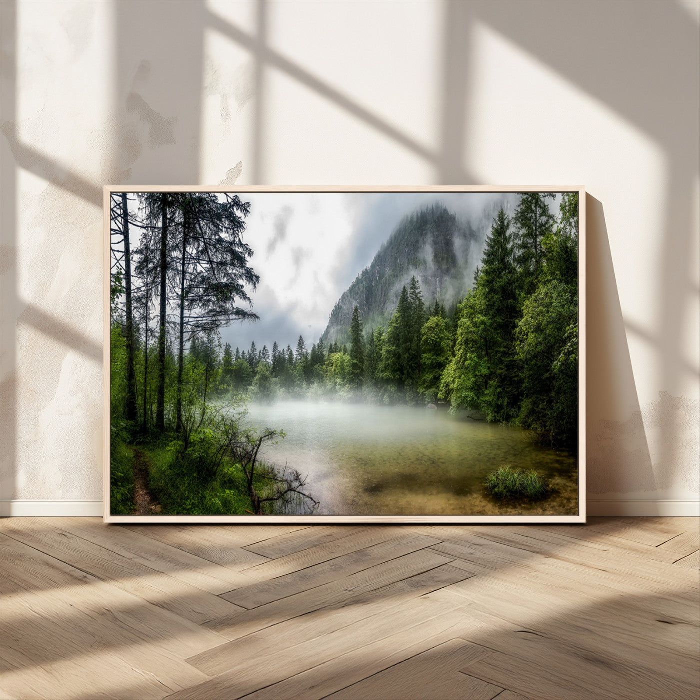 93123937-MGV-CV-36X24-Misty Lake Forest Green Trees Calm Water Reflection Mountain Fog Nature Landscape Outdoor Scenic Beauty Wall Art Canvas Print