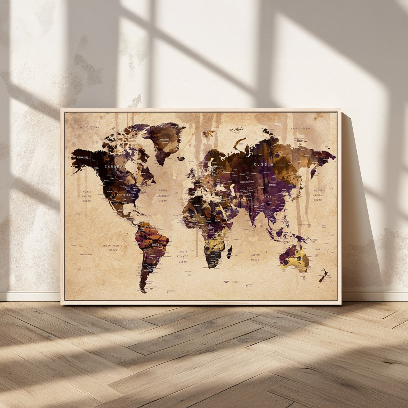 47333-MGV-FC-36X24_Natural-Vintage World Map Canvas Wall Art – Framed Push Pin Travel Map for Home and Office Decor