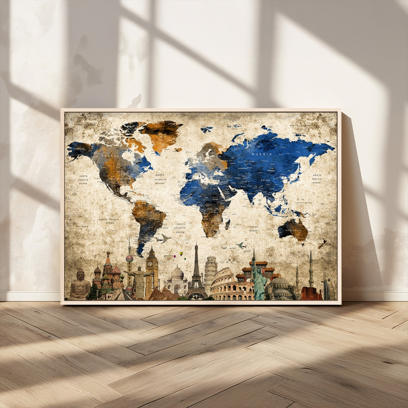 20261-MGV-CV-36X24-World Map Canvas Print – Vintage Blue and Gold World Map Wall Art, Framed Travel Inspired Decor for Living Room or Office
