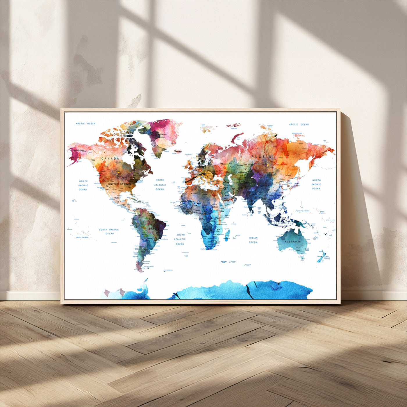 11576-MGV-FC-36X24_Natural-Vibrant Watercolor World Map Canvas Wall Art – Framed Push Pin Travel Map for Home and Office Decor, Modern Colorful Wall Artwork