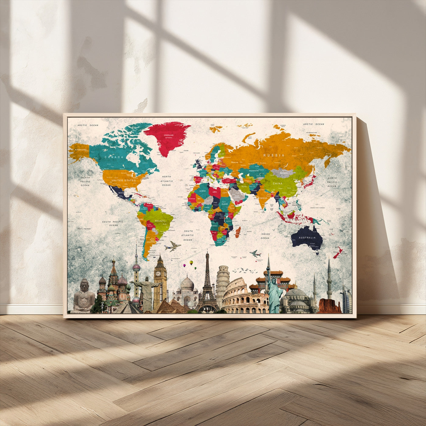 98056-MGV-FC-36X24_Natural-Colorful World Map Canvas Wall Art with Landmarks – Framed Travel Map Print for Home and Office Decor, Perfect Gift for Travel Lovers