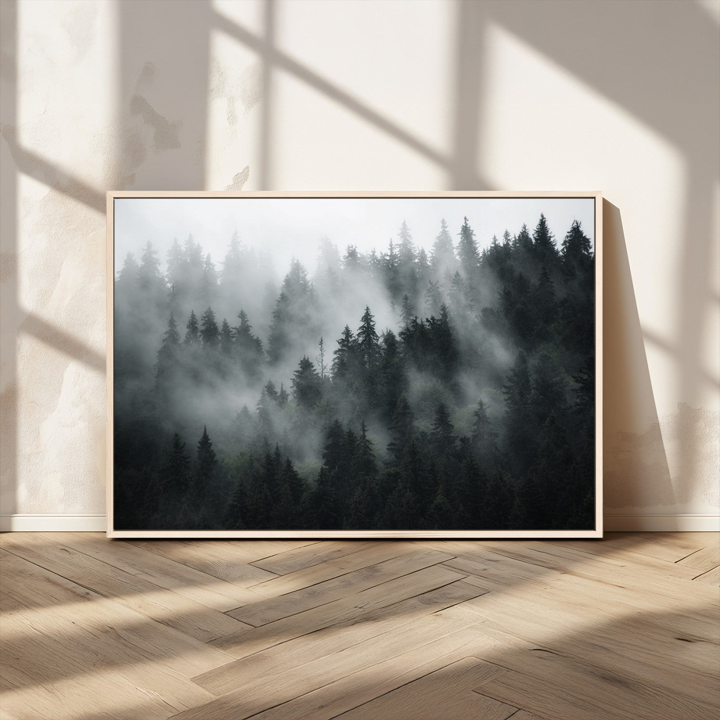 52359-MGV-FC-36X24_Natural-Foggy Forest Wall Art Canvas Print | 3 Panel Large Misty Landscape for Dining Room, Office, or