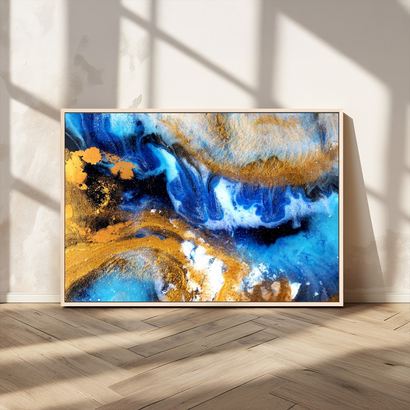 42100-MGV-FC-36X24_Natural-Blue Orange Marble Fluid Effect Canvas Wall Art Print