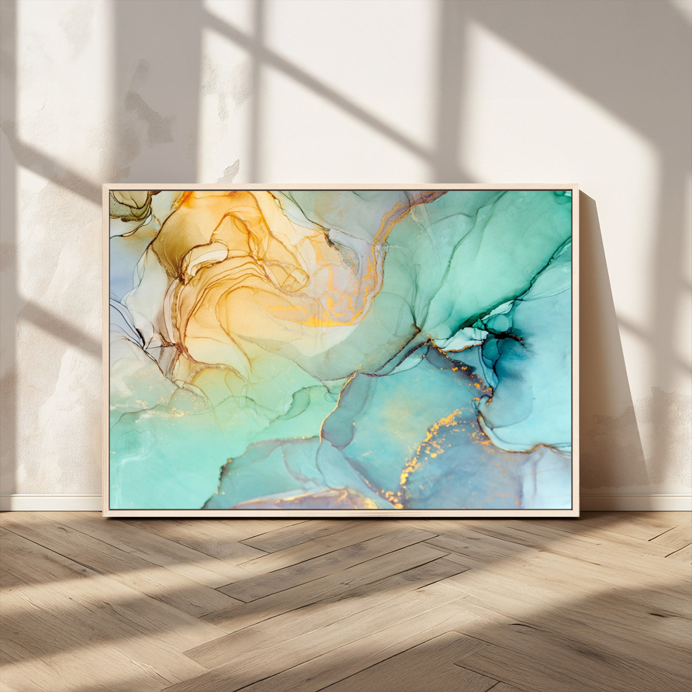 84233-MGV-FC-36X24_Natural-Abstract Aqua and Gold Fluid Wall Art Canvas | 3 Panel Large Canvas Print for Living Room, Office,