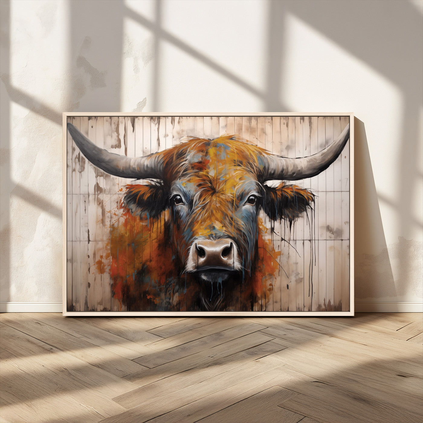 47284-MGV-CV-36X24-Abstract Bull Highland Cow Canvas Wall Art Print – Vibrant Rustic Charm in Modern Farmhouse Decor –
