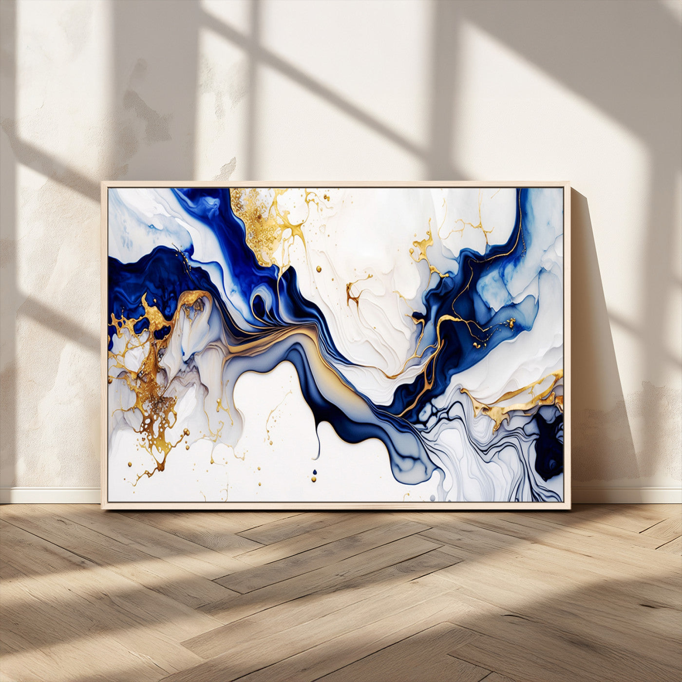 93392-MGV-CV-36X24-Golden Cascades on Midnight Blue – Deep Blue Abstract Wall Art Flowing Elegance | Wall Art Canvas,