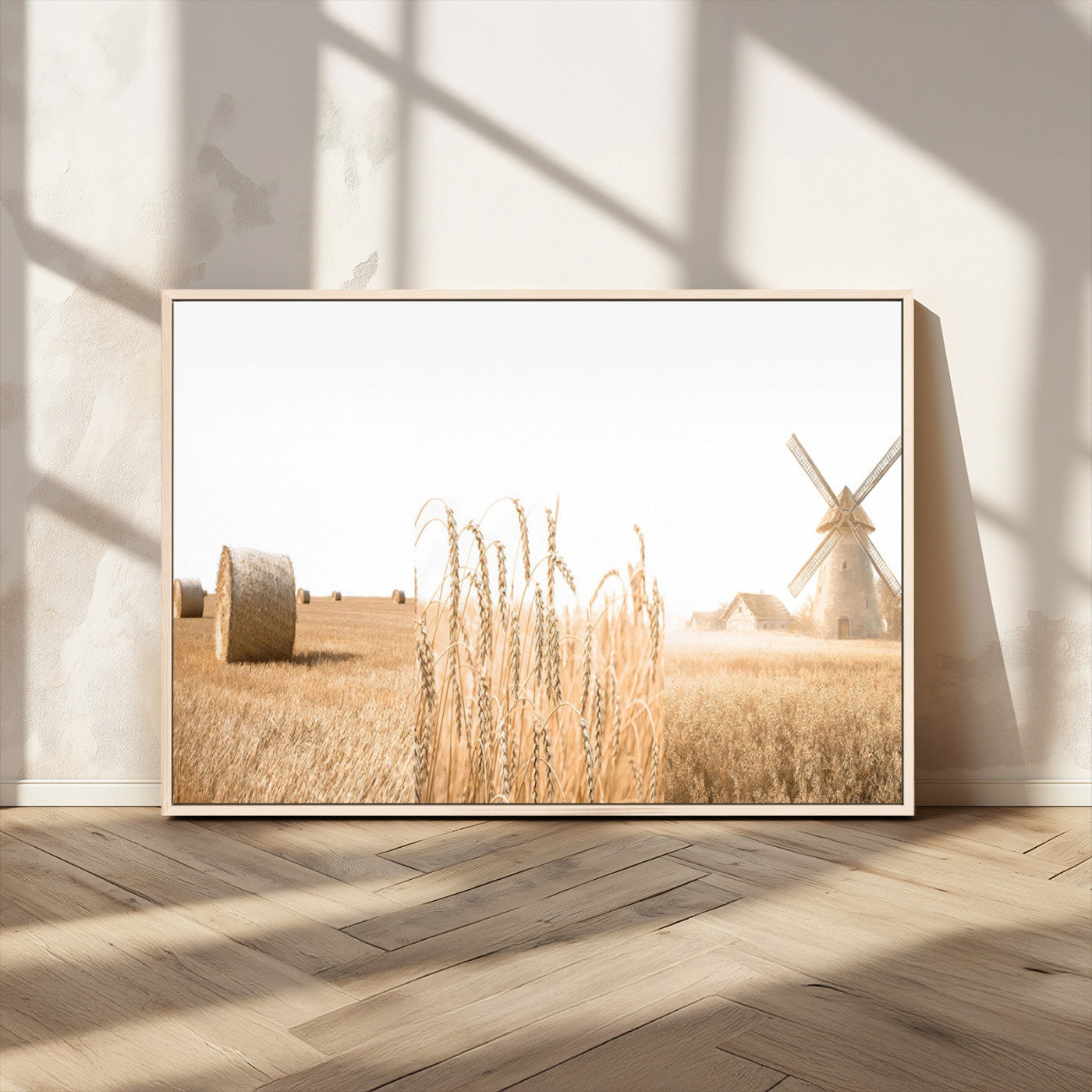 88780-MGV-FC-36X24_Natural-Vintage Farmhouse Triptych Wall Art – Giclée Canvas Featuring Wheat Fields, Hay Bales, and a