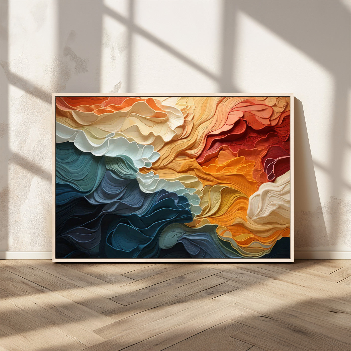 31634-MGV-FC-36X24_Natural-Blue Orange Abstract Wave Wall Art Canvas Print, Framed Blue Orange Wave Wall Art