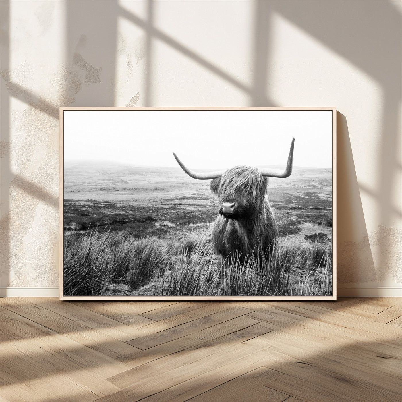 -Scottish Highland Cow Wall Art | Black and White Canvas Print | Ready to Hang and Framed | Rustic