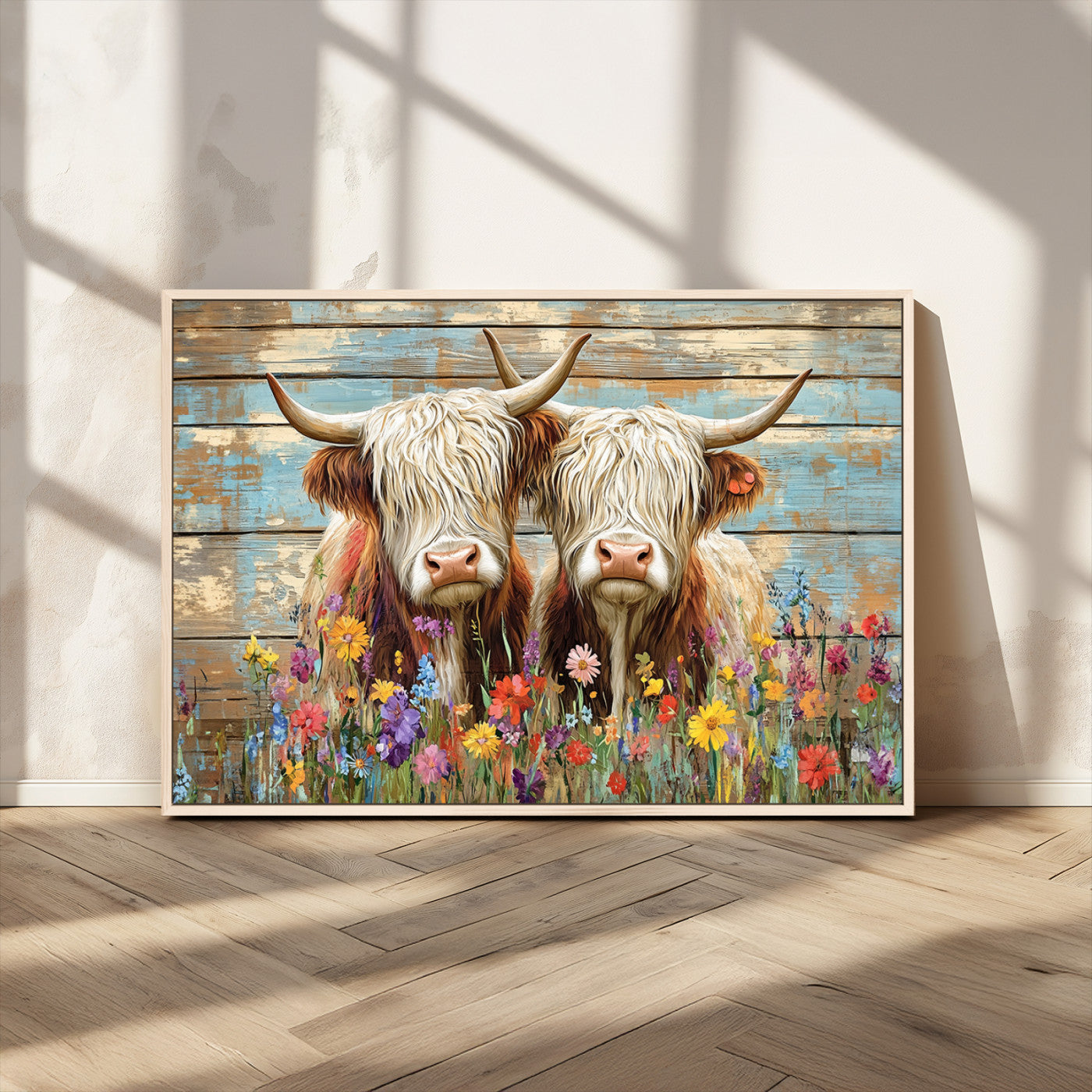 36972-MGV-FC-36X24_Natural-Cute Highland Cow Canvas Wall Art - Rustic Farmhouse Decor with Colorful Flowers Perfect Wall Art